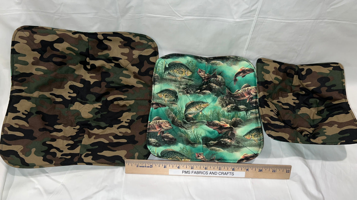 Set of 3 Novelty Fish like Bass and Perch & Camo fabric Microwavable Cozy set plate & bowl - free ship to USA