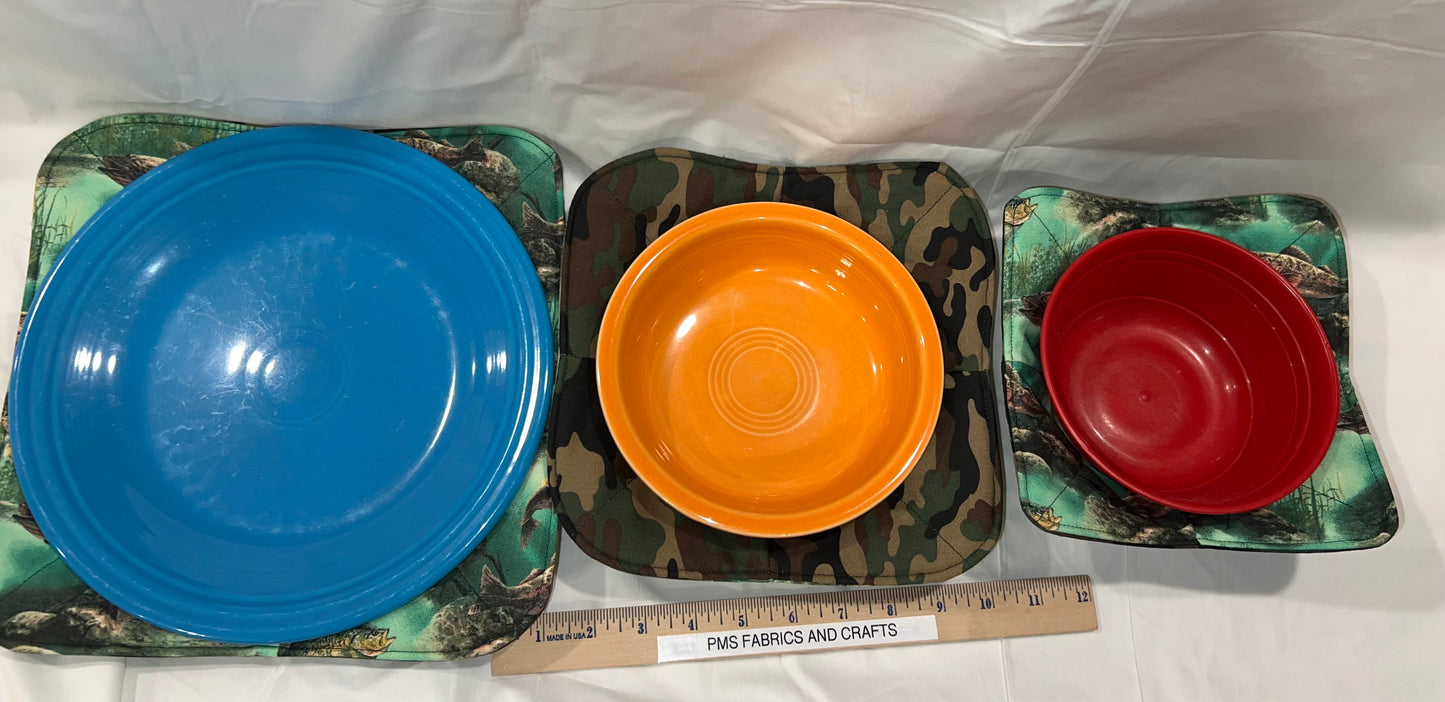 Set of 3 Novelty Fish like Bass and Perch & Camo fabric Microwavable Cozy set plate & bowl - free ship to USA