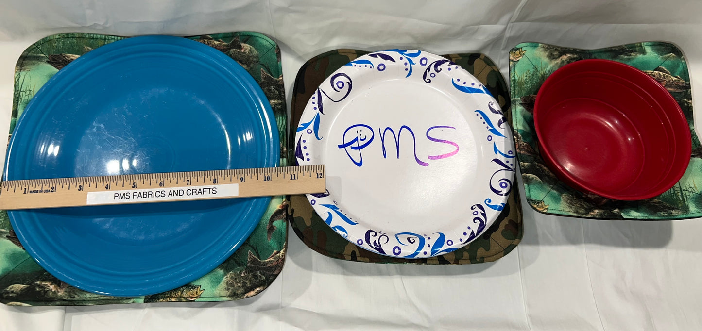 Set of 3 Novelty Fish like Bass and Perch & Camo fabric Microwavable Cozy set plate & bowl - free ship to USA