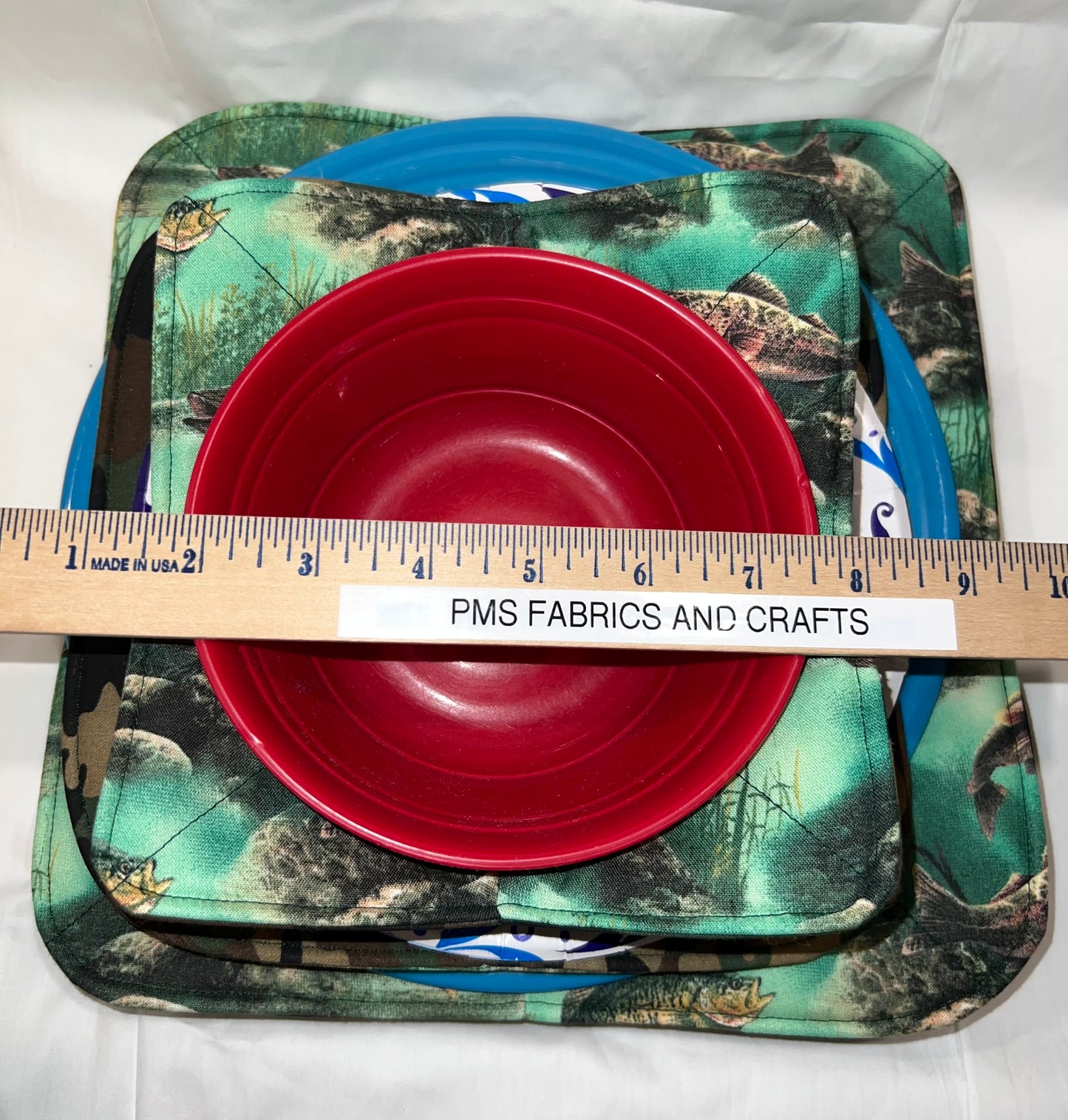 Set of 3 Novelty Fish like Bass and Perch & Camo fabric Microwavable Cozy set plate & bowl - free ship to USA