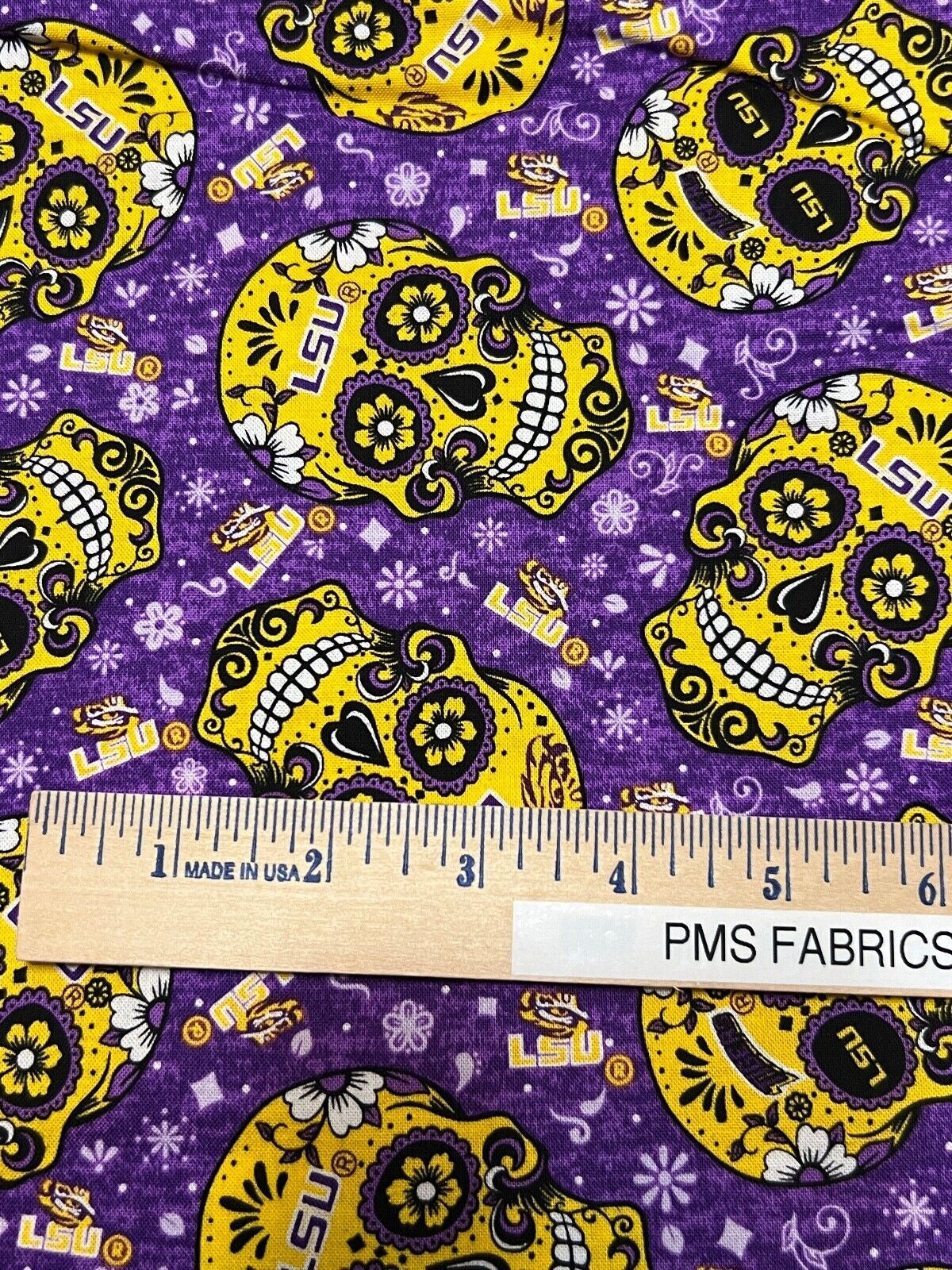 LSU Candy Skull 100% cotton fabric by the yard 36x43 - licensed fabric Louisiana - free ship to USA