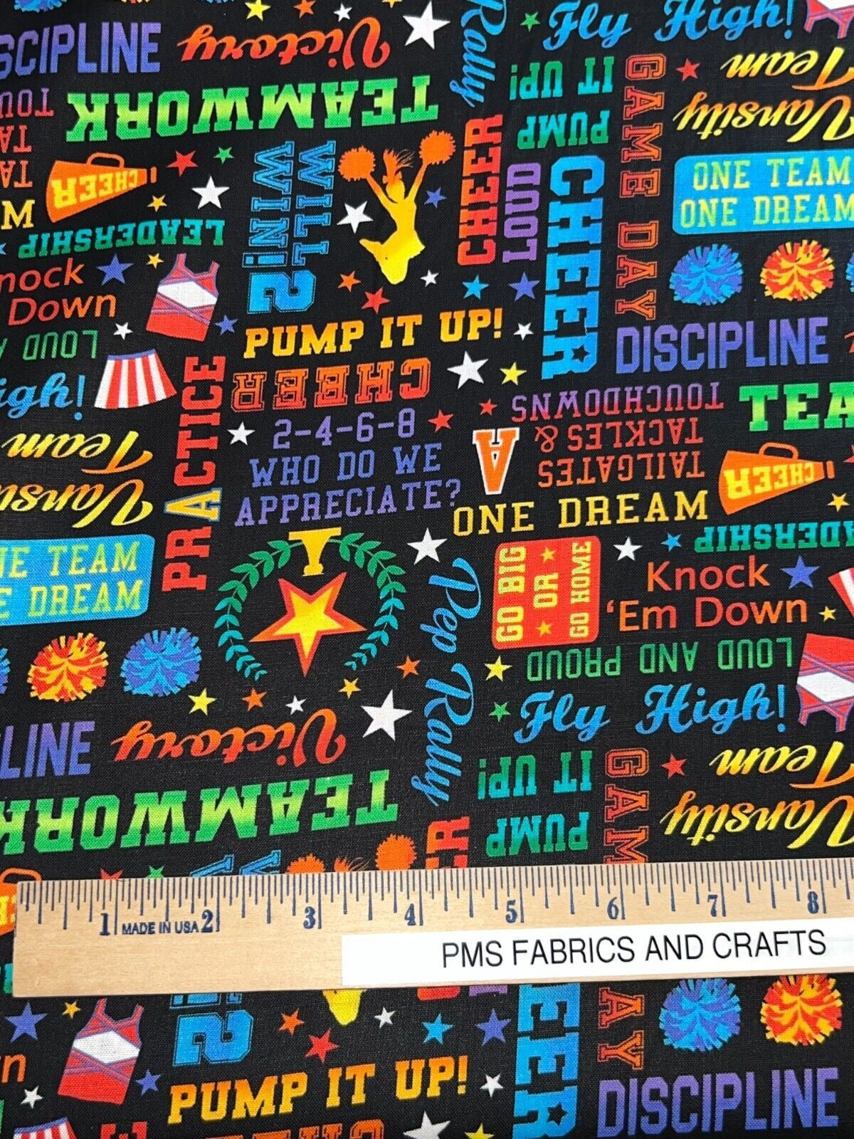 Cheerleader Words Text on Black: Cheer Squad by the yard 36x44 Timeless Treasure - Cheerleading - Free ship to USA