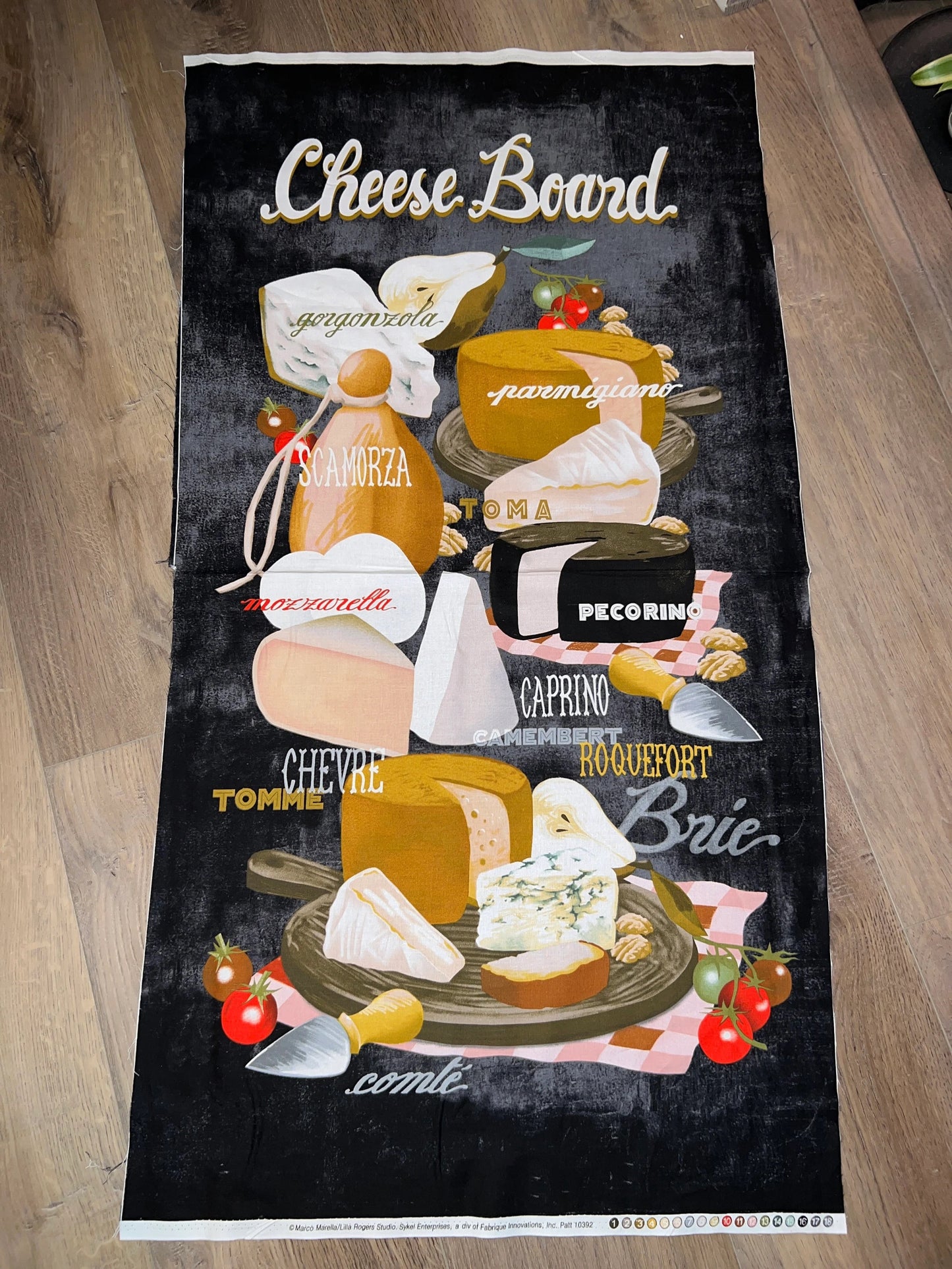 Sykel Cheese Board 100% cotton fabric by the panel 24 x 44 Charcuterie Cheeses - not a real b oard but fun fabric panel item # 10392 - free ship to USA
