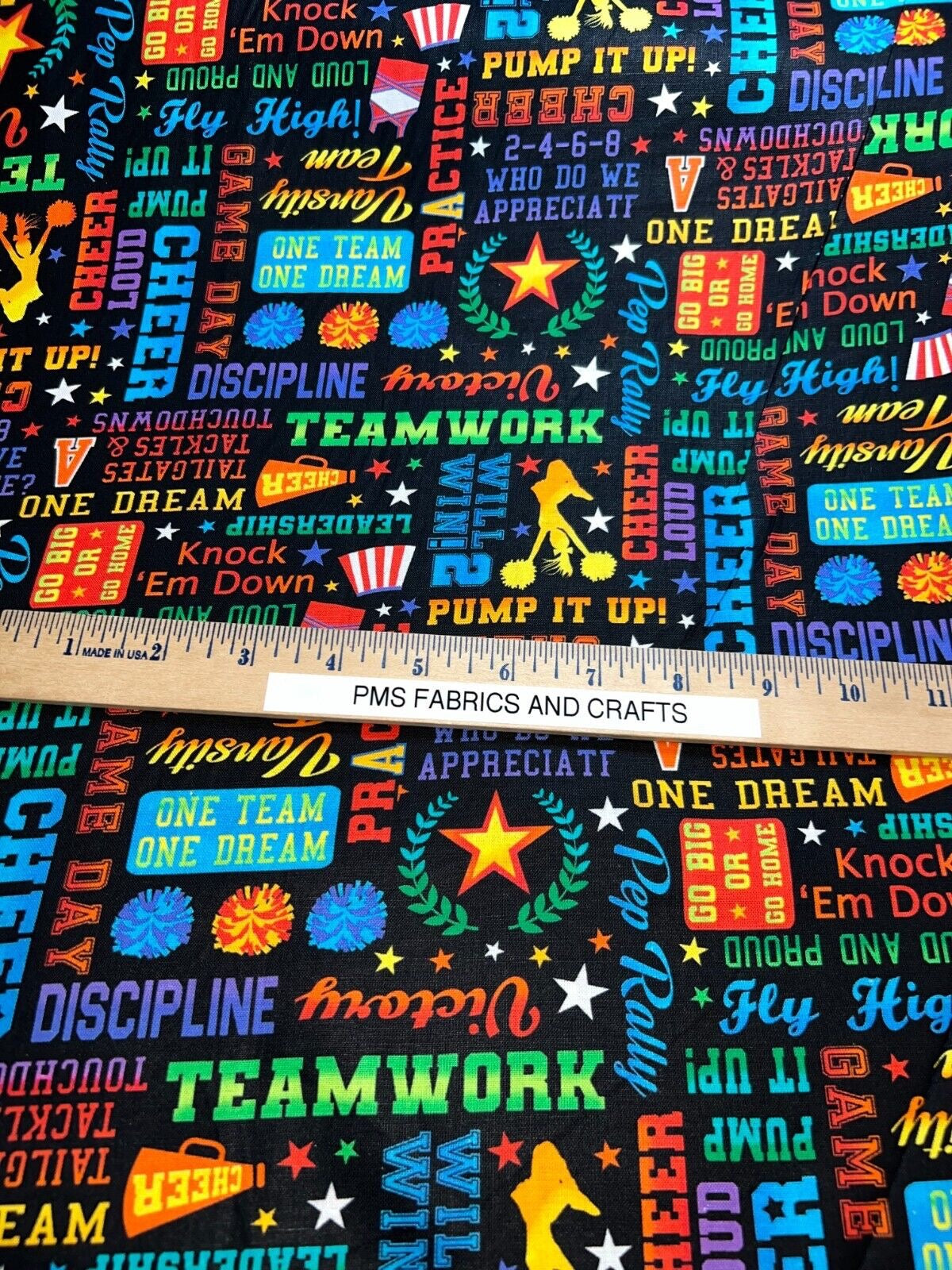 Cheerleader Words Text on Black: Cheer Squad by the yard 36x44 Timeless Treasure - Cheerleading - Free ship to USA