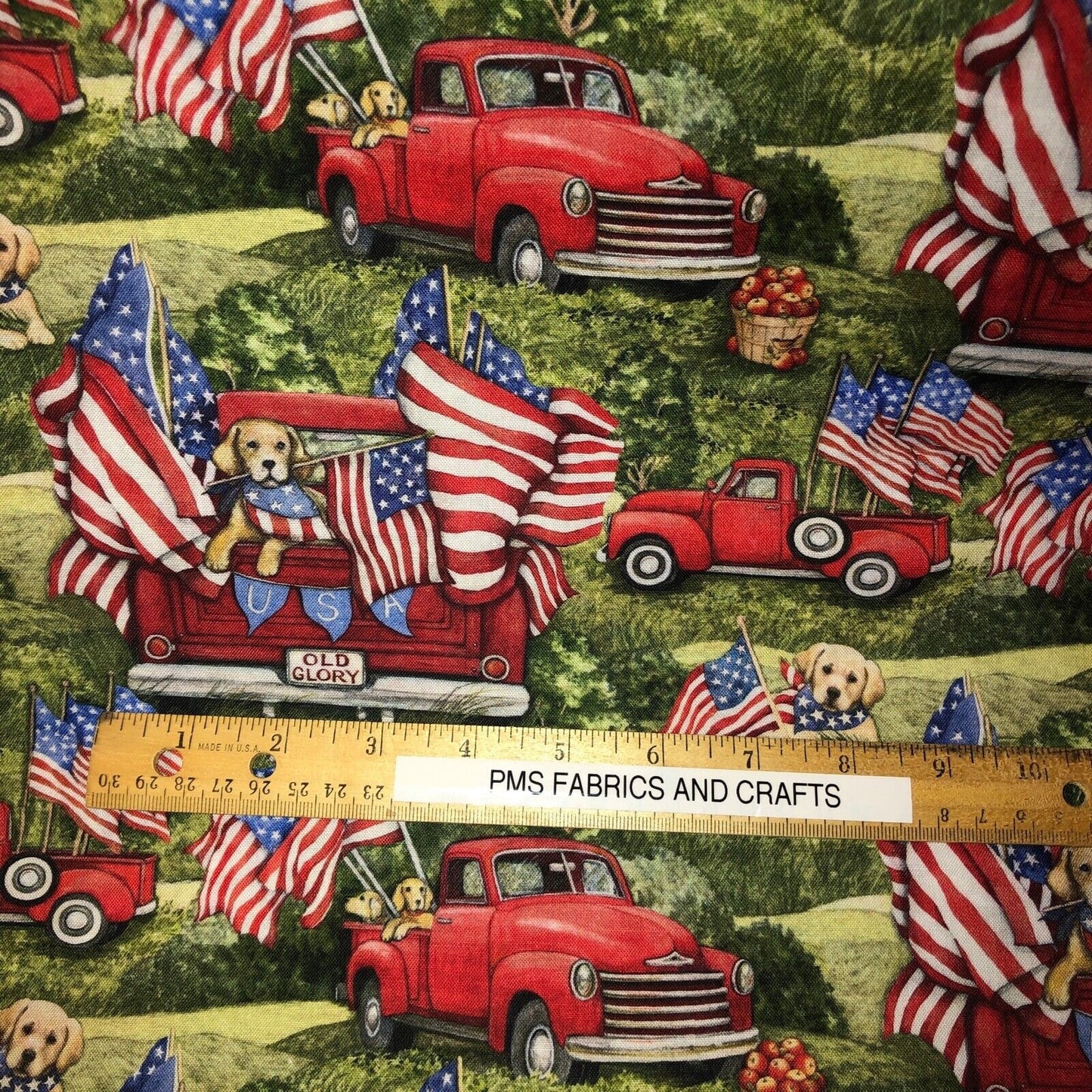 Spring Creative Patriotic Dogs Red Truck 100% light wt cotton fabric by the yard CP75904 - free ship to USA