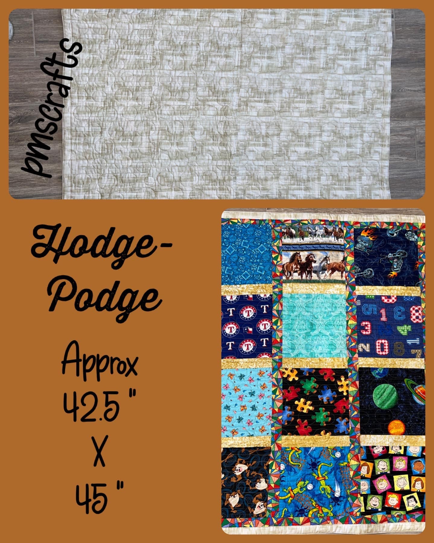 Hodge-Podge quilt approximately 42.5” wide x 45” tall - great for nap, lap or wheelchair - free ship to USA