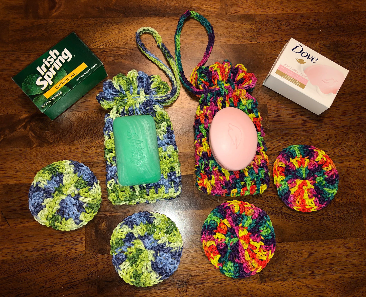 Free Ship to USA - Hand Crocheted Shower set Environmental friendly hand crochet 3 piece set Bar Soap Holder, 2 face cleaning pads & mesh drawstring bag
