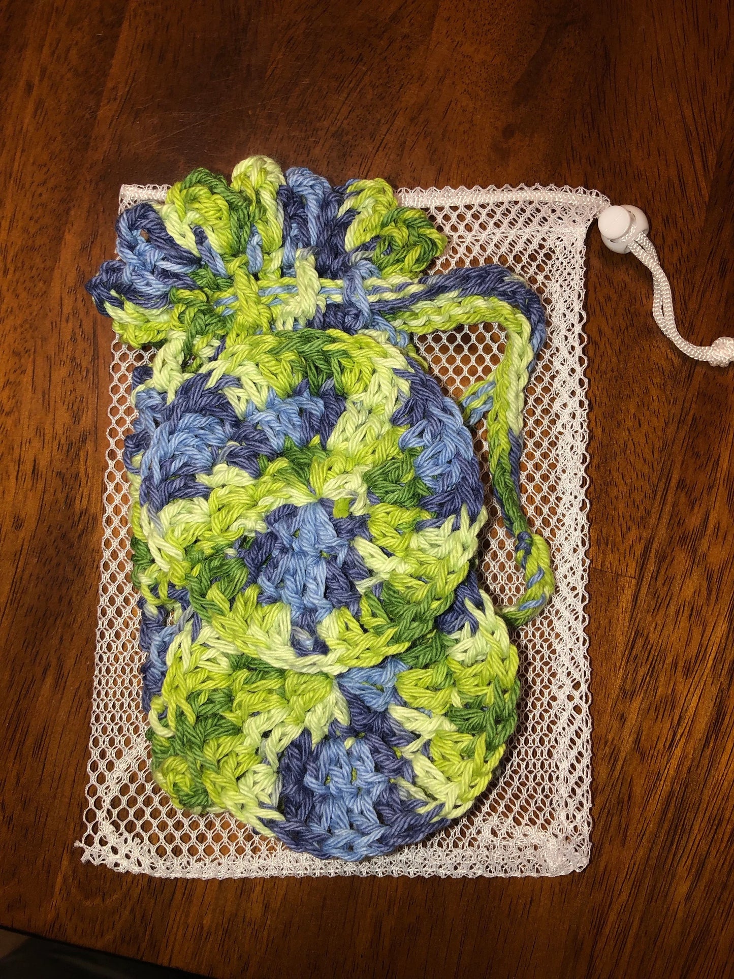 Free Ship to USA - Hand Crocheted Shower set Environmental friendly hand crochet 3 piece set Bar Soap Holder, 2 face cleaning pads & mesh drawstring bag