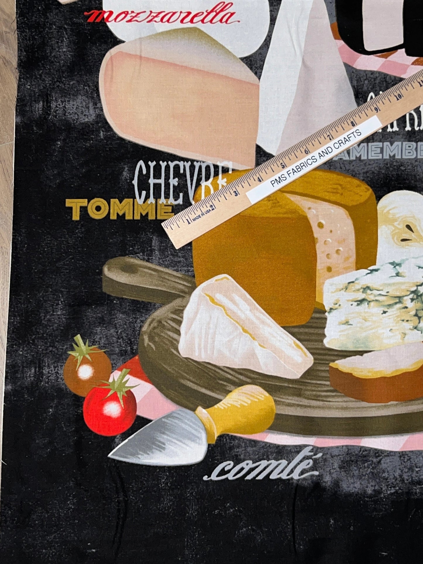 Sykel Cheese Board 100% cotton fabric by the panel 24 x 44 Charcuterie Cheeses - not a real b oard but fun fabric panel item # 10392 - free ship to USA