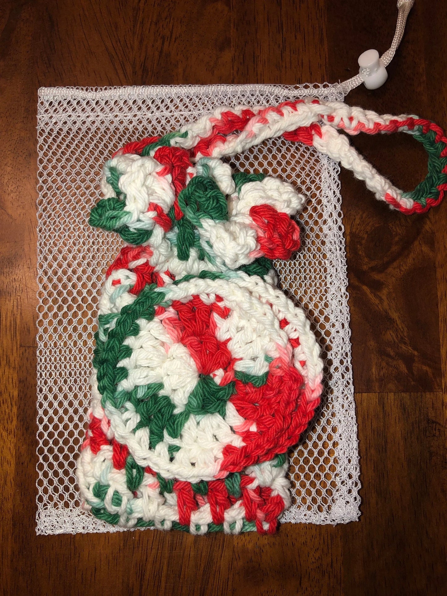Free Ship to USA - Hand Crocheted Shower set Environmental friendly hand crochet 3 piece set Bar Soap Holder, 2 face cleaning pads & mesh drawstring bag