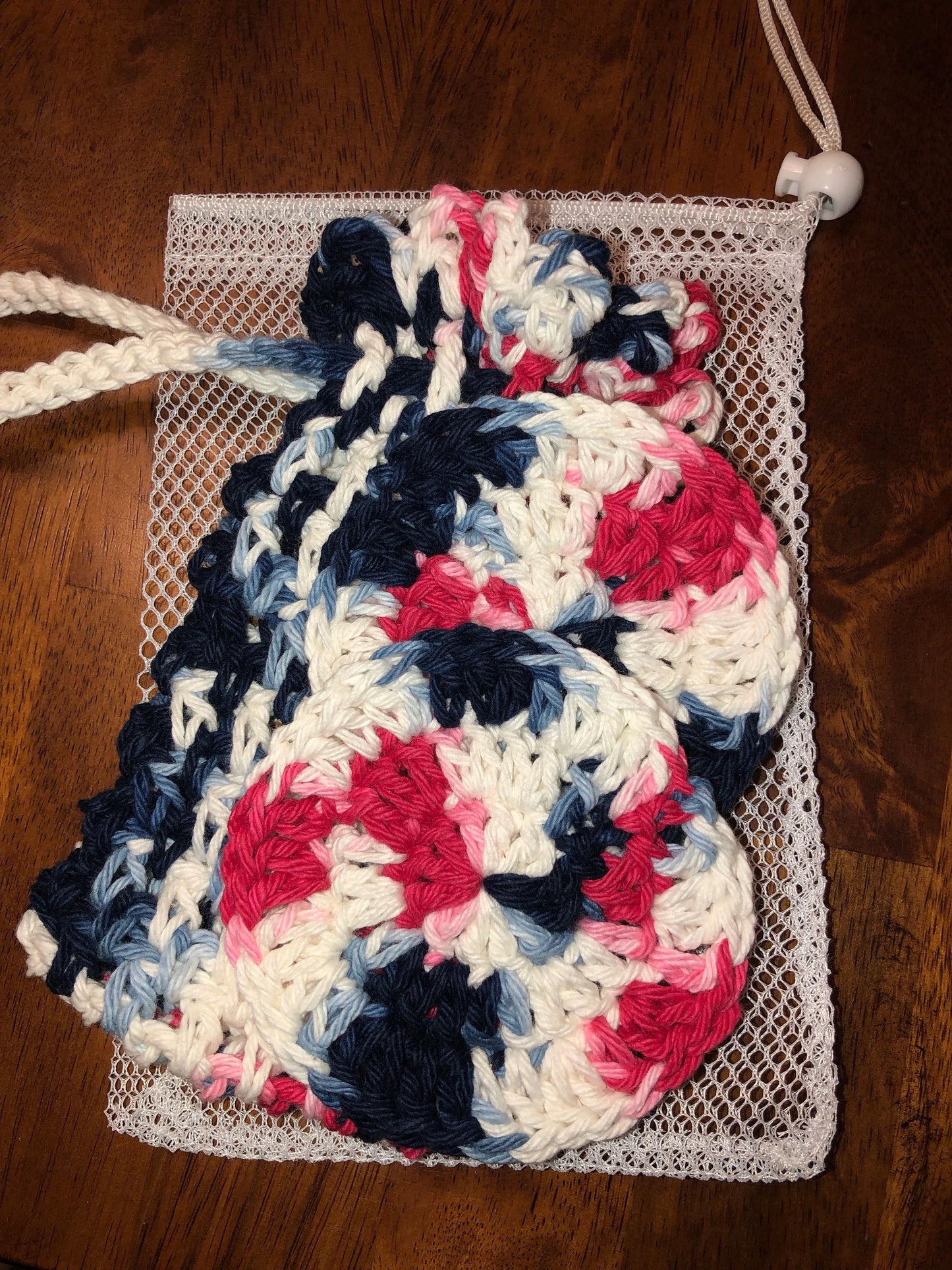Free Ship to USA - Hand Crocheted Shower set Environmental friendly hand crochet 3 piece set Bar Soap Holder, 2 face cleaning pads & mesh drawstring bag