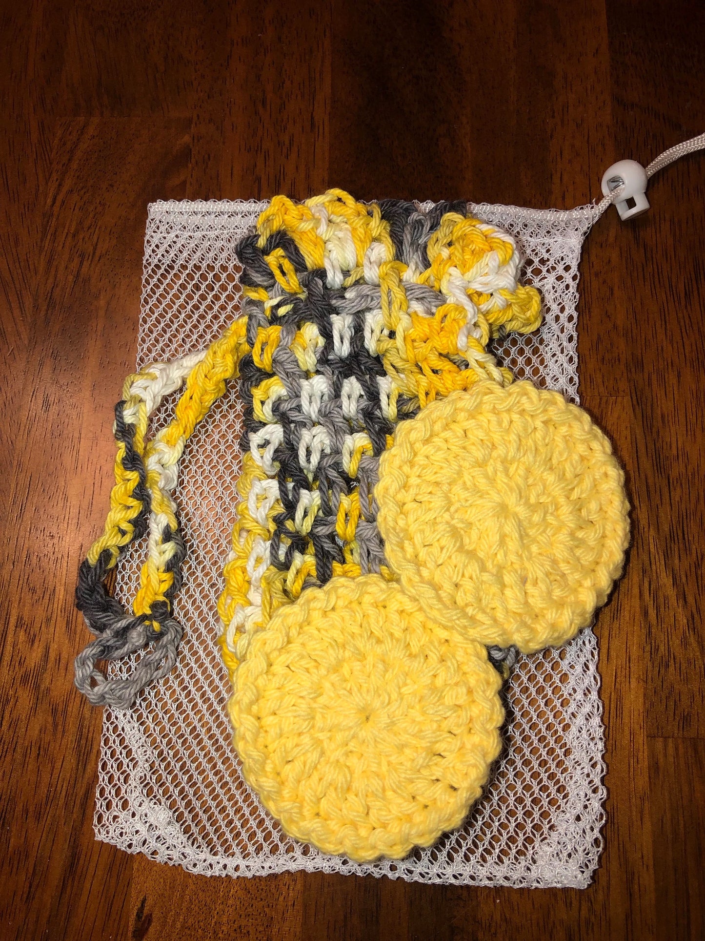 Free Ship to USA - Hand Crocheted Shower set Environmental friendly hand crochet 3 piece set Bar Soap Holder, 2 face cleaning pads & mesh drawstring bag