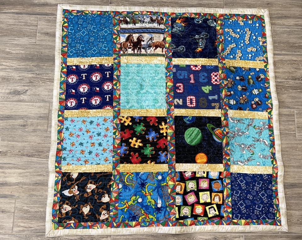Hodge-Podge quilt approximately 42.5” wide x 45” tall - great for nap, lap or wheelchair - free ship to USA