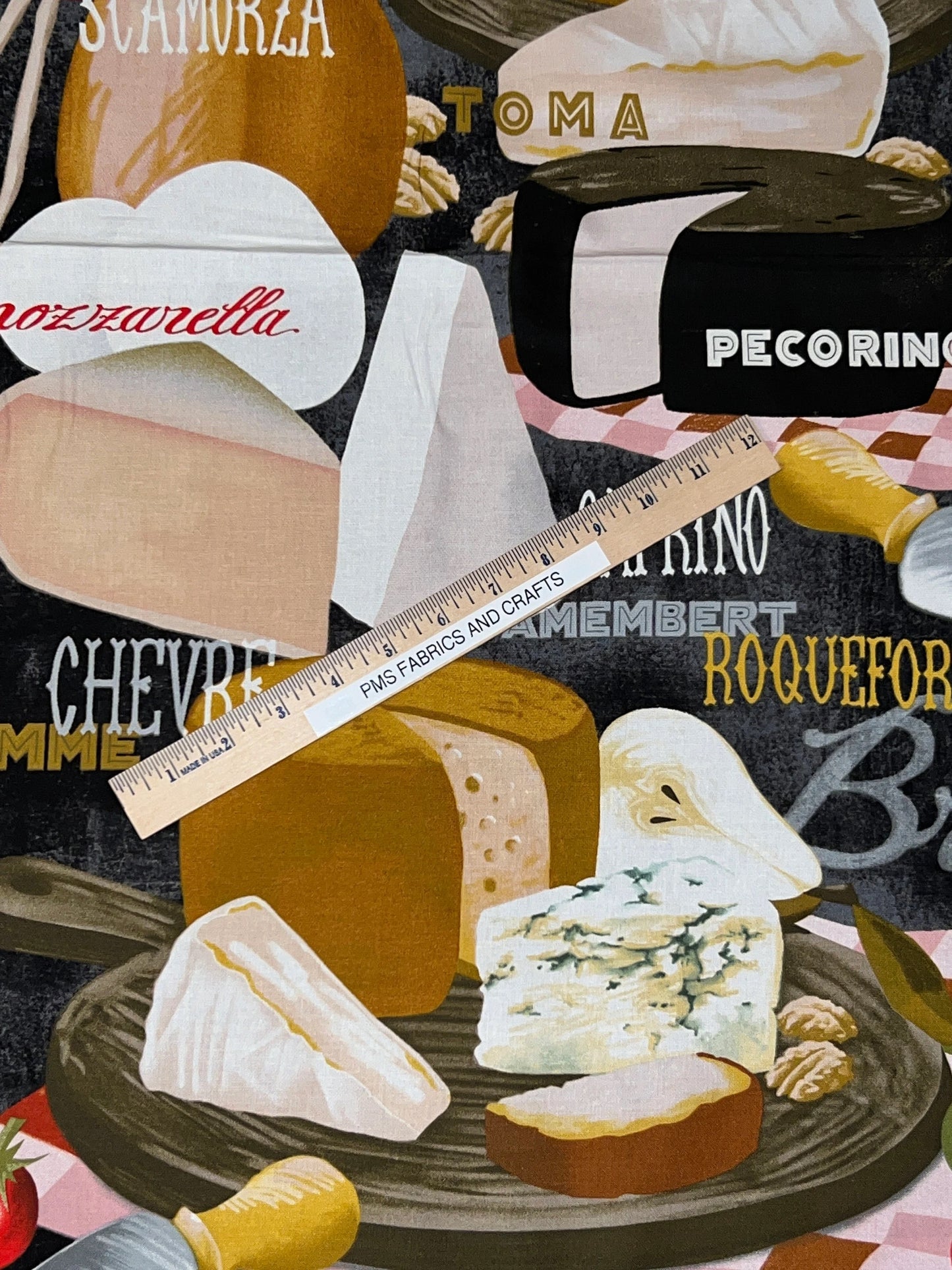 Sykel Cheese Board 100% cotton fabric by the panel 24 x 44 Charcuterie Cheeses - not a real b oard but fun fabric panel item # 10392 - free ship to USA