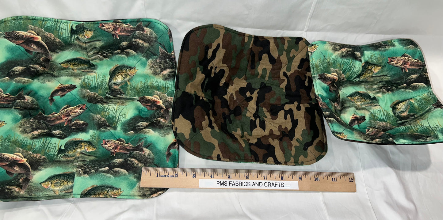 Set of 3 Novelty Fish like Bass and Perch & Camo fabric Microwavable Cozy set plate & bowl - free ship to USA