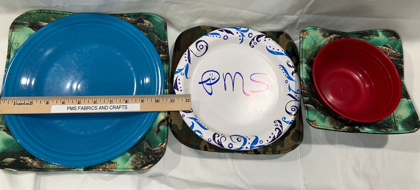 Set of 3 Novelty Fish like Bass and Perch & Camo fabric Microwavable Cozy set plate & bowl - free ship to USA