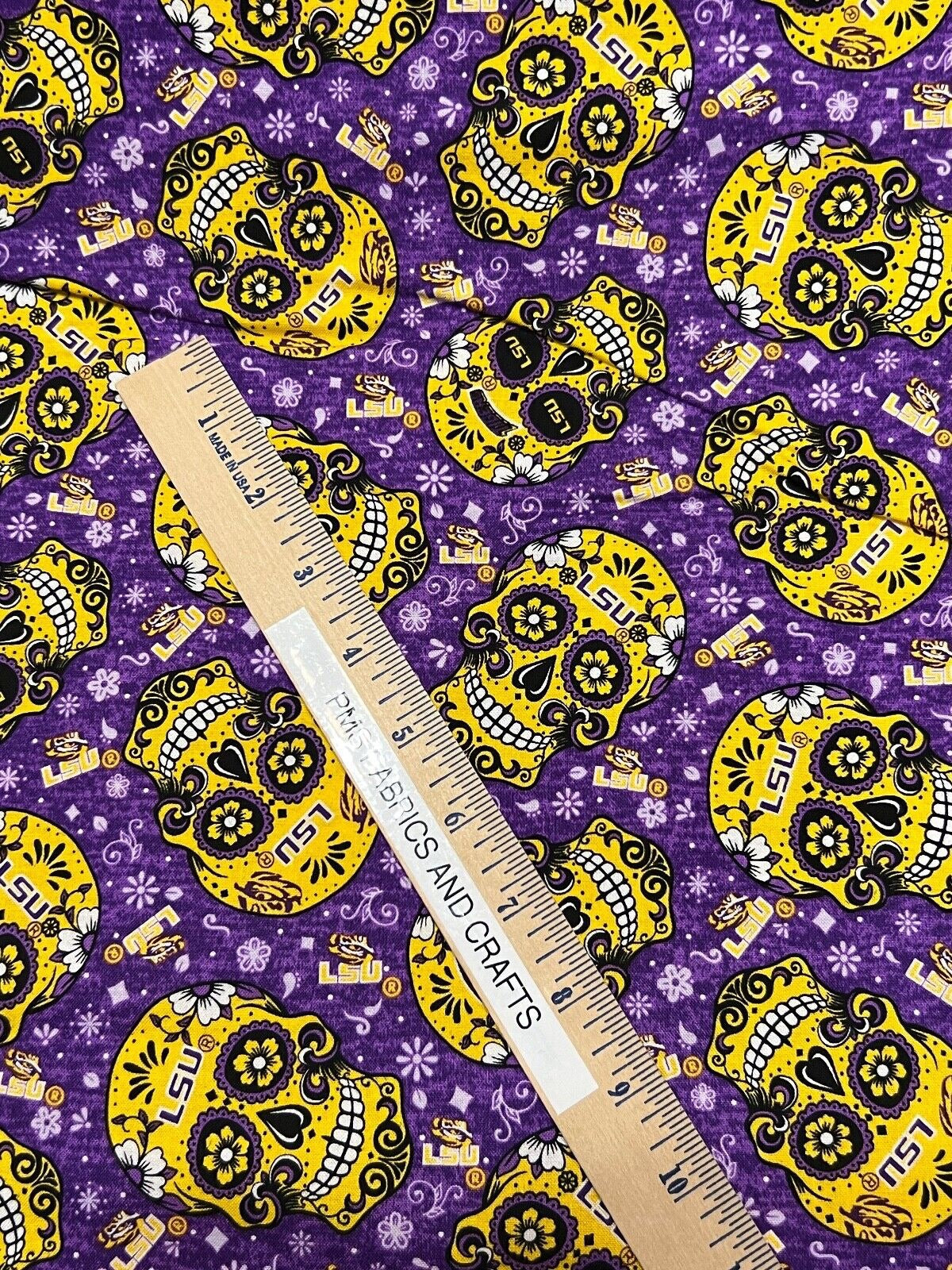 LSU Candy Skull 100% cotton fabric by the yard 36x43 - licensed fabric Louisiana - free ship to USA