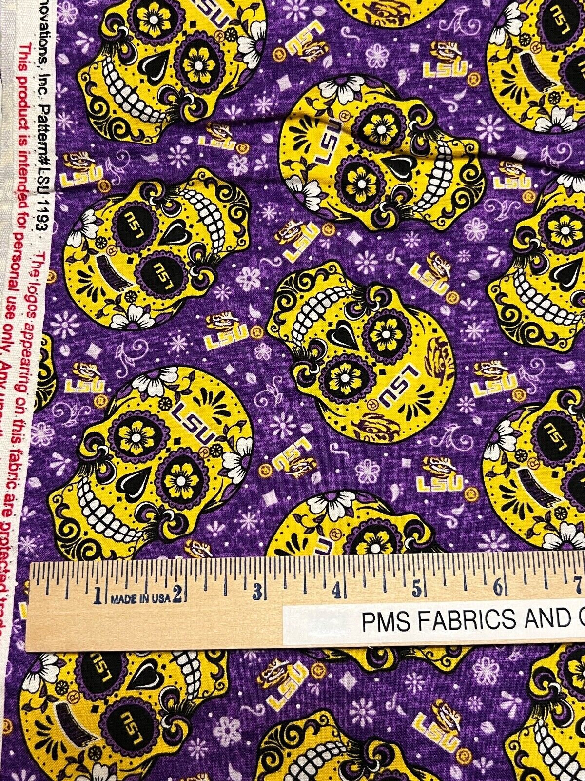 LSU Candy Skull 100% cotton fabric by the yard 36x43 - licensed fabric Louisiana - free ship to USA