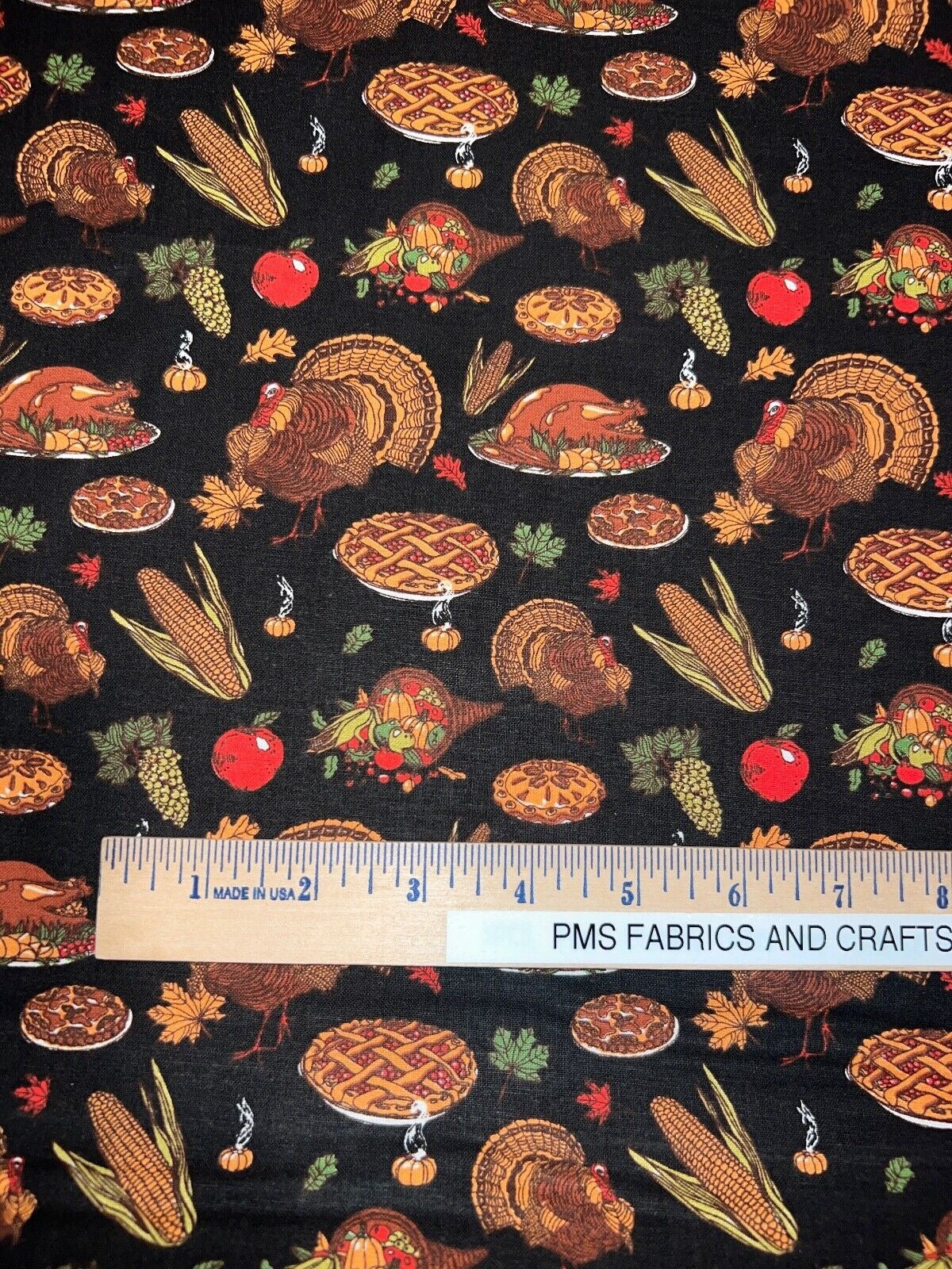 Fall Harvest Thanksgiving Feast Turkey 100% med cotton fabric by the yard Called BLACK - free shio to USA