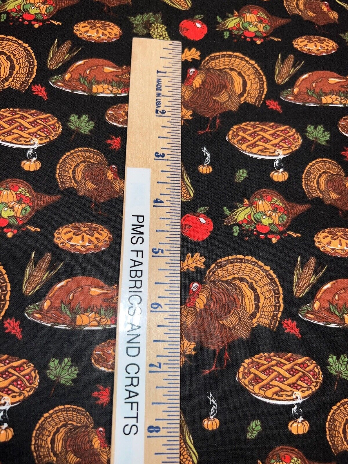 Fall Harvest Thanksgiving Feast Turkey 100% med cotton fabric by the yard Called BLACK - free shio to USA