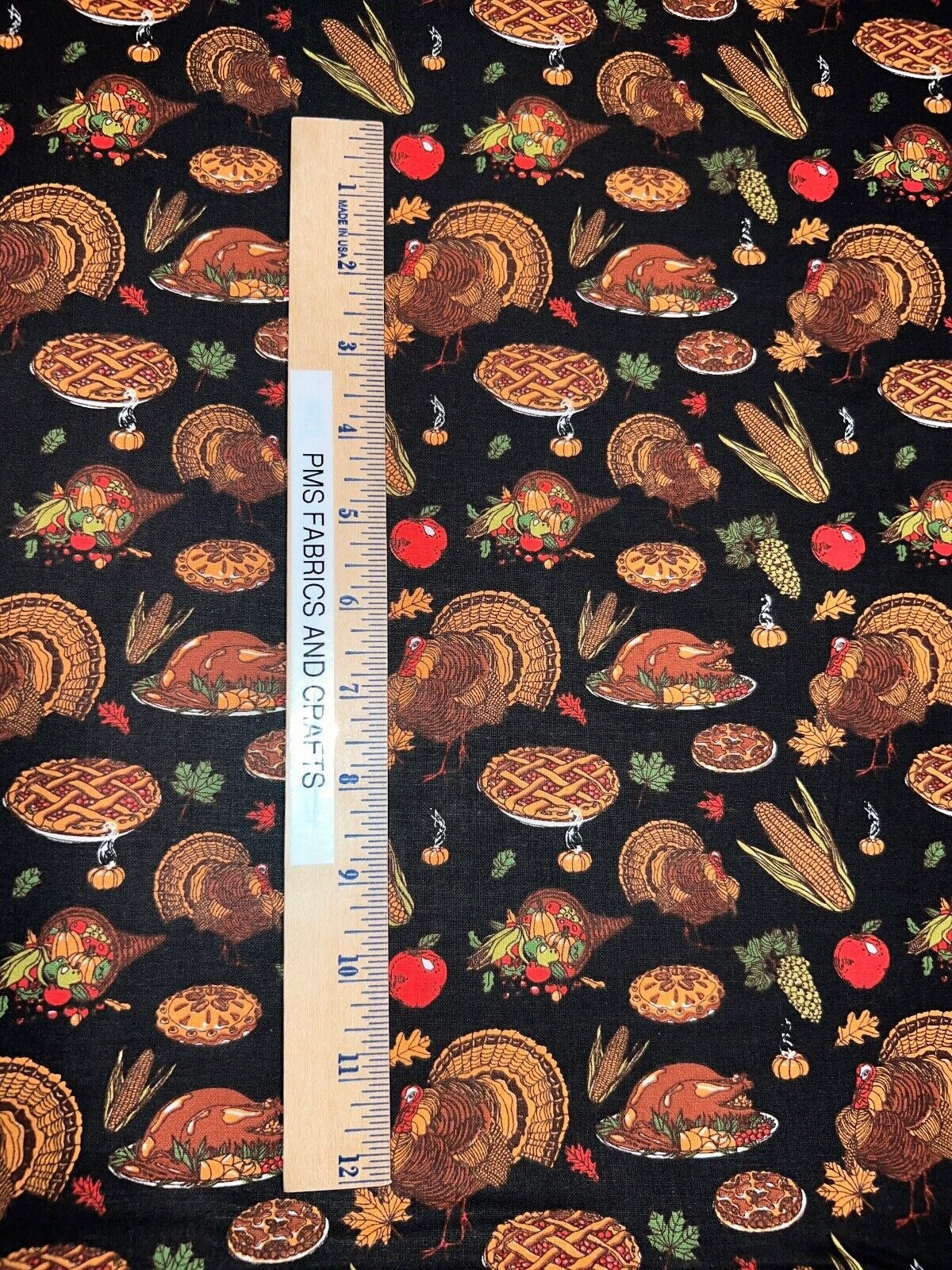 Fall Harvest Thanksgiving Feast Turkey 100% med cotton fabric by the yard Called BLACK - free shio to USA