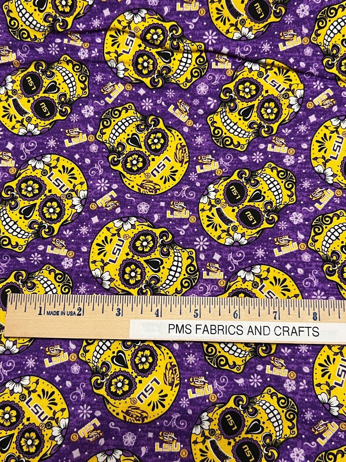 LSU Candy Skull 100% cotton fabric by the yard 36x43 - licensed fabric Louisiana - free ship to USA