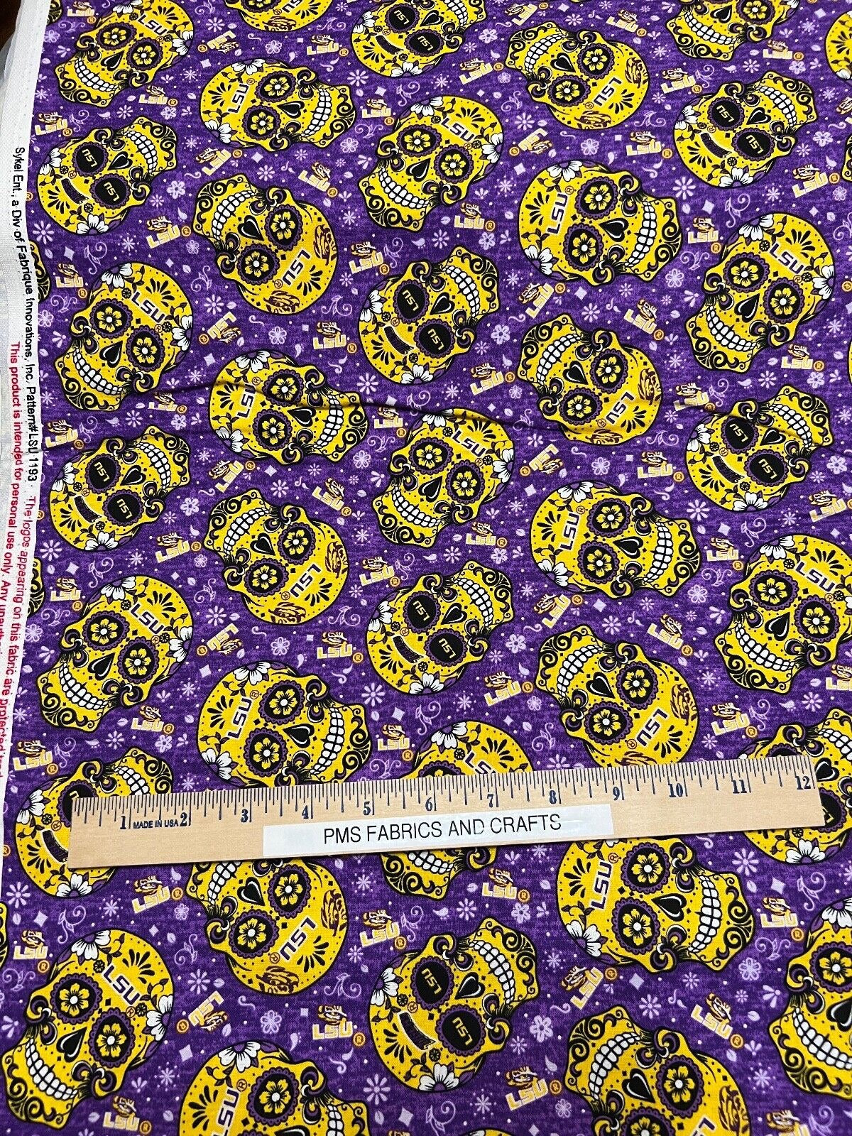 LSU Candy Skull 100% cotton fabric by the yard 36x43 - licensed fabric Louisiana - free ship to USA