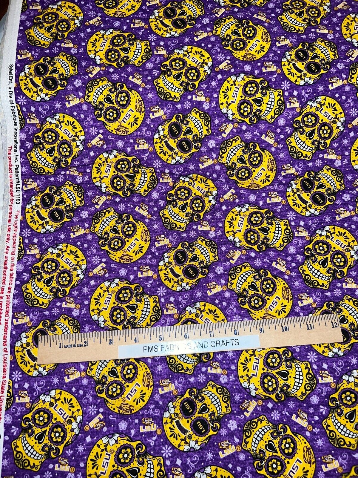 LSU Candy Skull 100% cotton fabric by the yard 36x43 - licensed fabric Louisiana - free ship to USA