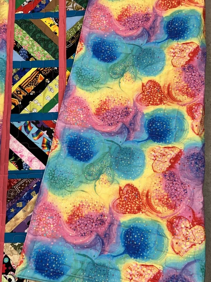 Great wheelchair, nap or lap quilt called String Quilt - tie dye look backing - 100% cotton fabrics approximately 38.75” x 40.25” - free ship to USA