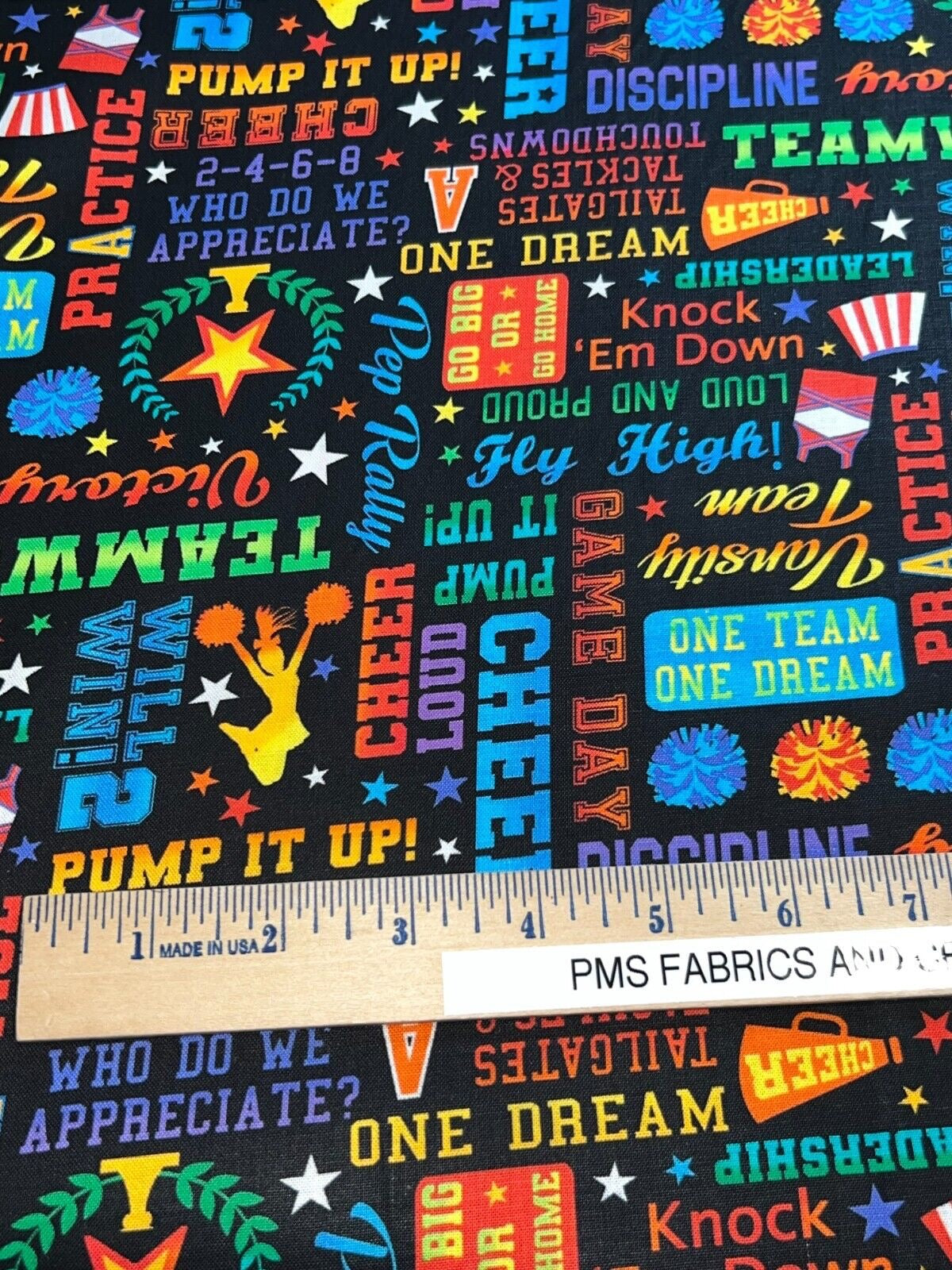 Cheerleader Words Text on Black: Cheer Squad by the yard 36x44 Timeless Treasure - Cheerleading - Free ship to USA