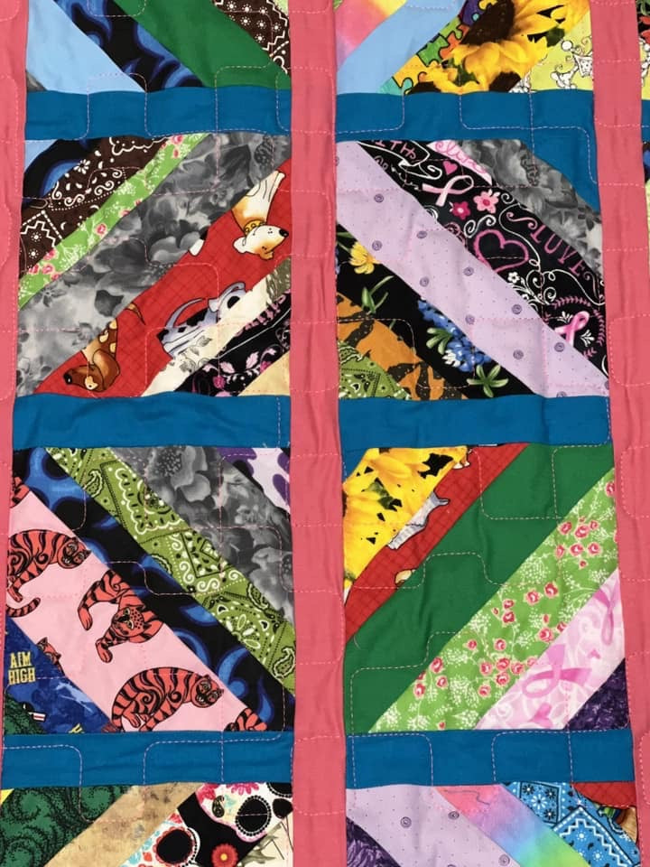 Great wheelchair, nap or lap quilt called String Quilt - tie dye look backing - 100% cotton fabrics approximately 38.75” x 40.25” - free ship to USA