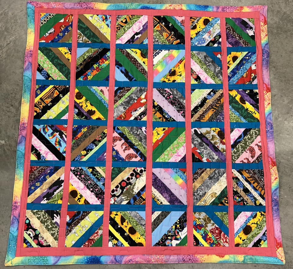 Great wheelchair, nap or lap quilt called String Quilt - tie dye look backing - 100% cotton fabrics approximately 38.75” x 40.25” - free ship to USA