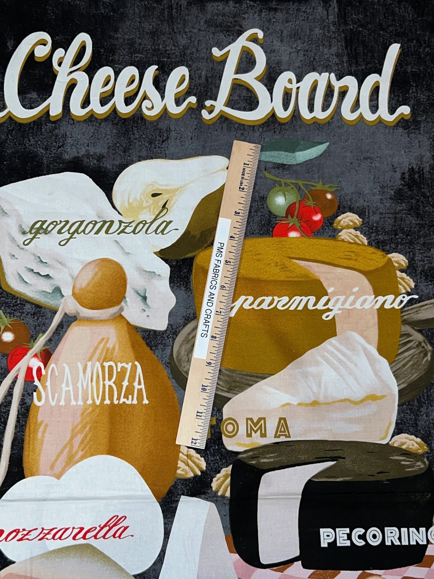 Sykel Cheese Board 100% cotton fabric by the panel 24 x 44 Charcuterie Cheeses - not a real b oard but fun fabric panel  item # 10392 - free ship to USA