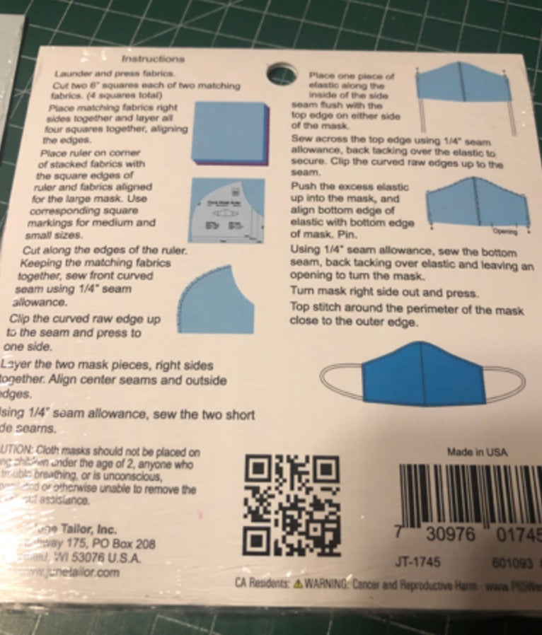 June Taylor Mask template & face mask interfacing (1 yard x 20") - ruler includes 3 sizes - free ship to USA