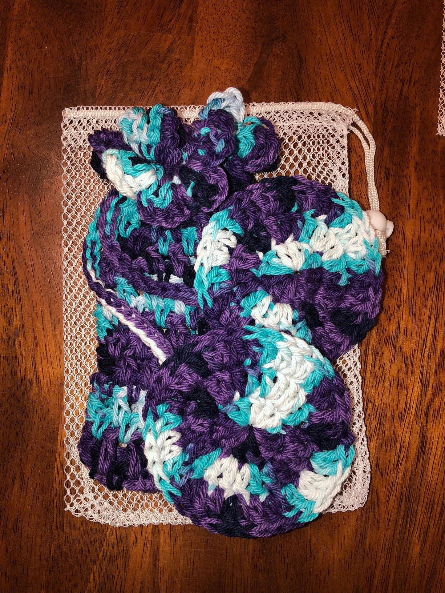 Free Ship to USA - Hand Crocheted Shower set Environmental friendly hand crochet 3 piece set Bar Soap Holder, 2 face cleaning pads & mesh drawstring bag