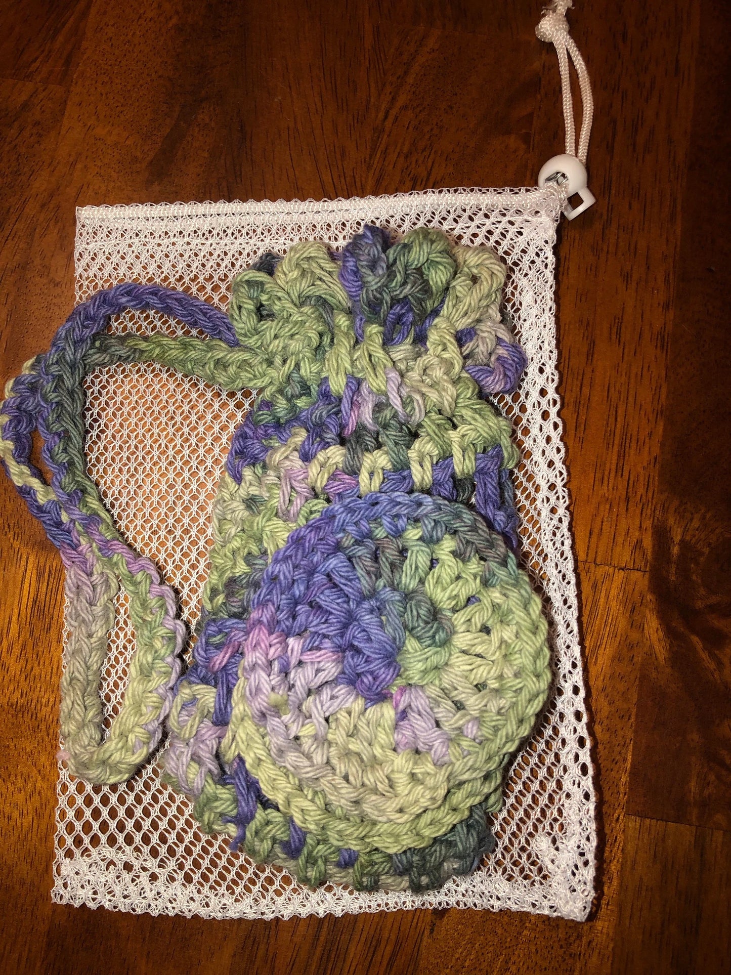 Free Ship to USA - Hand Crocheted Shower set Environmental friendly hand crochet 3 piece set Bar Soap Holder, 2 face cleaning pads & mesh drawstring bag