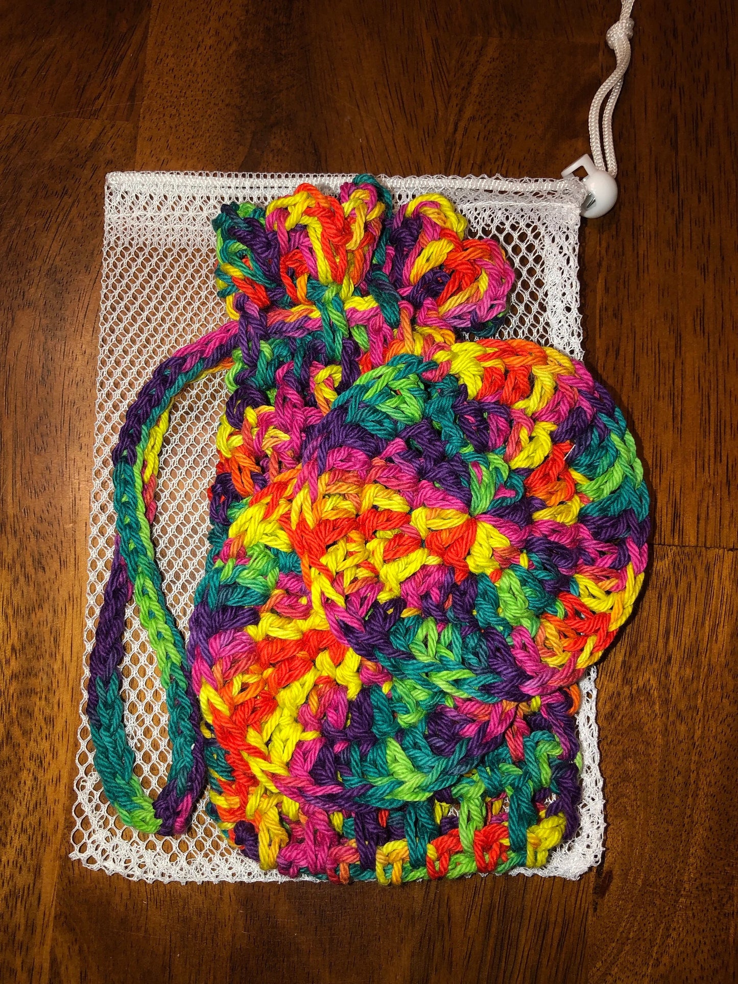 Free Ship to USA - Hand Crocheted Shower set Environmental friendly hand crochet 3 piece set Bar Soap Holder, 2 face cleaning pads & mesh drawstring bag