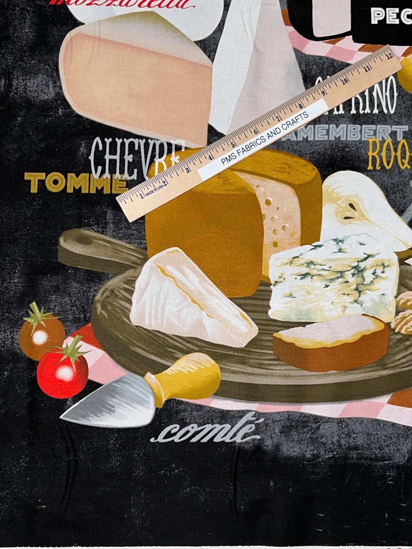 Sykel Cheese Board 100% cotton fabric by the panel 24 x 44 Charcuterie Cheeses - not a real b oard but fun fabric panel  item # 10392 - free ship to USA