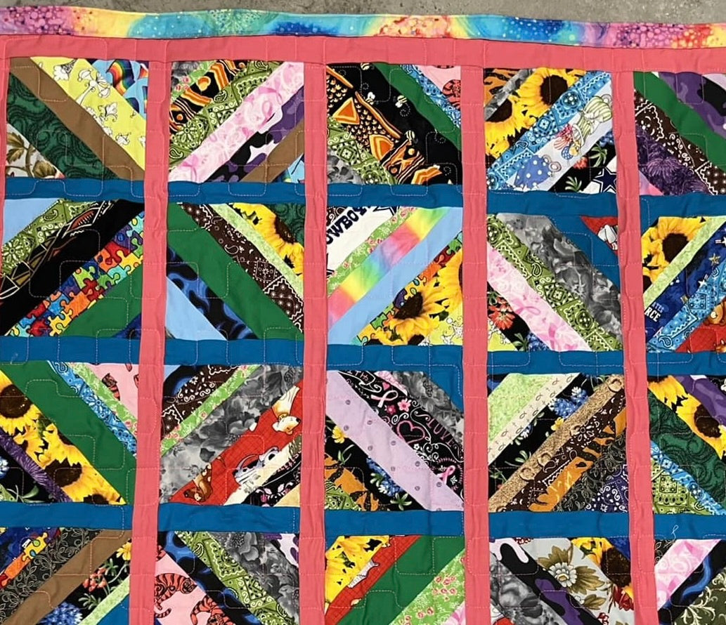 Great wheelchair, nap or lap quilt called String Quilt - tie dye look backing - 100% cotton fabrics approximately 38.75” x 40.25” - free ship to USA